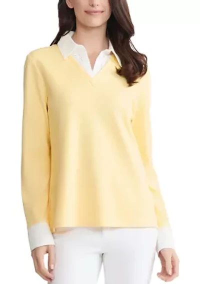 Petite Long Sleeve Eyelet Trim Button Down Twofer