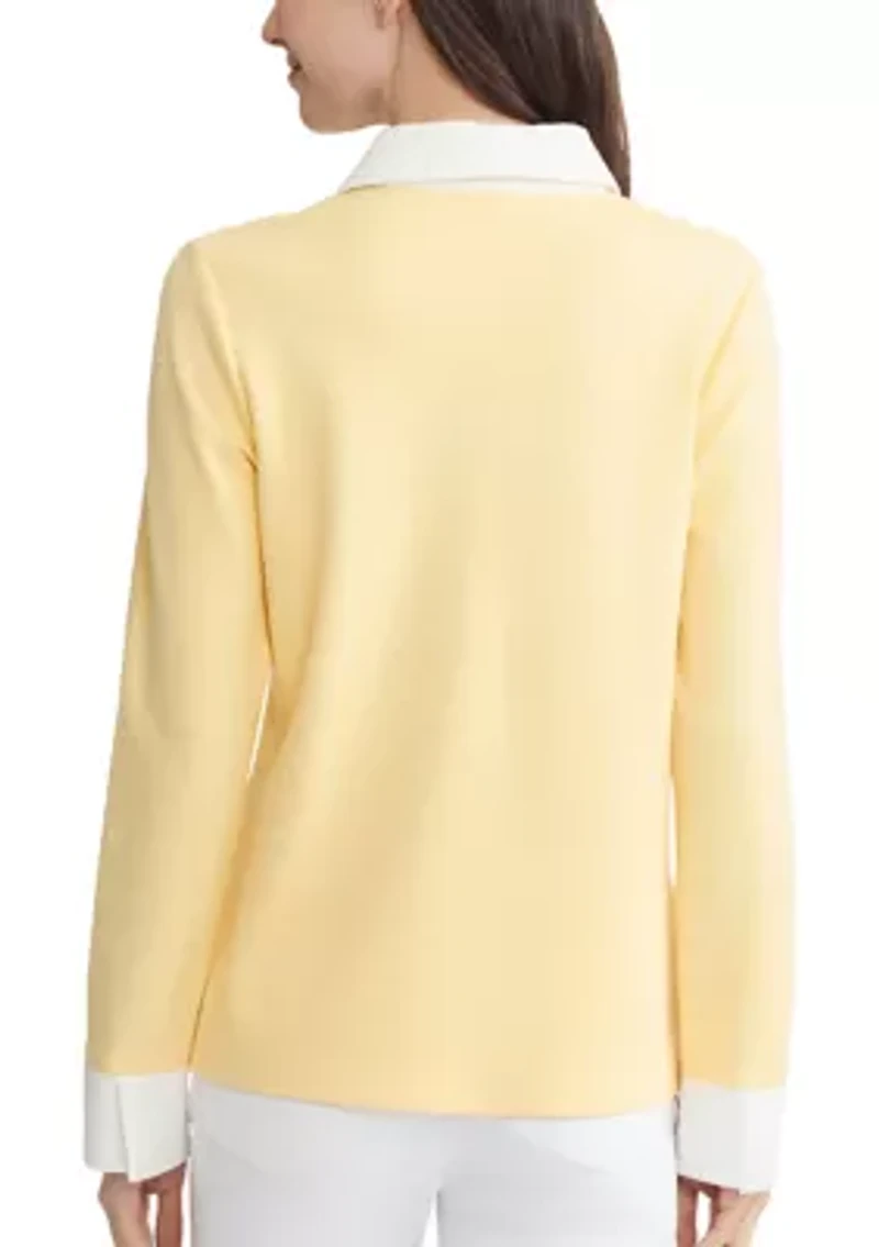 Petite Long Sleeve Eyelet Trim Button Down Twofer