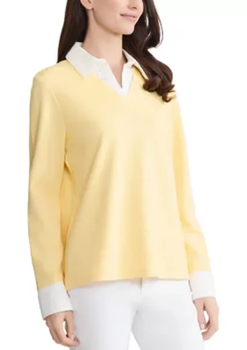 Petite Long Sleeve Eyelet Trim Button Down Twofer