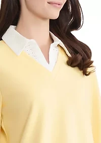 Petite Long Sleeve Eyelet Trim Button Down Twofer