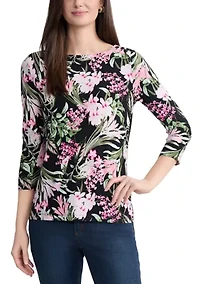 Women's 3/4 Sleeve Boat Neck Button Shoulder Top