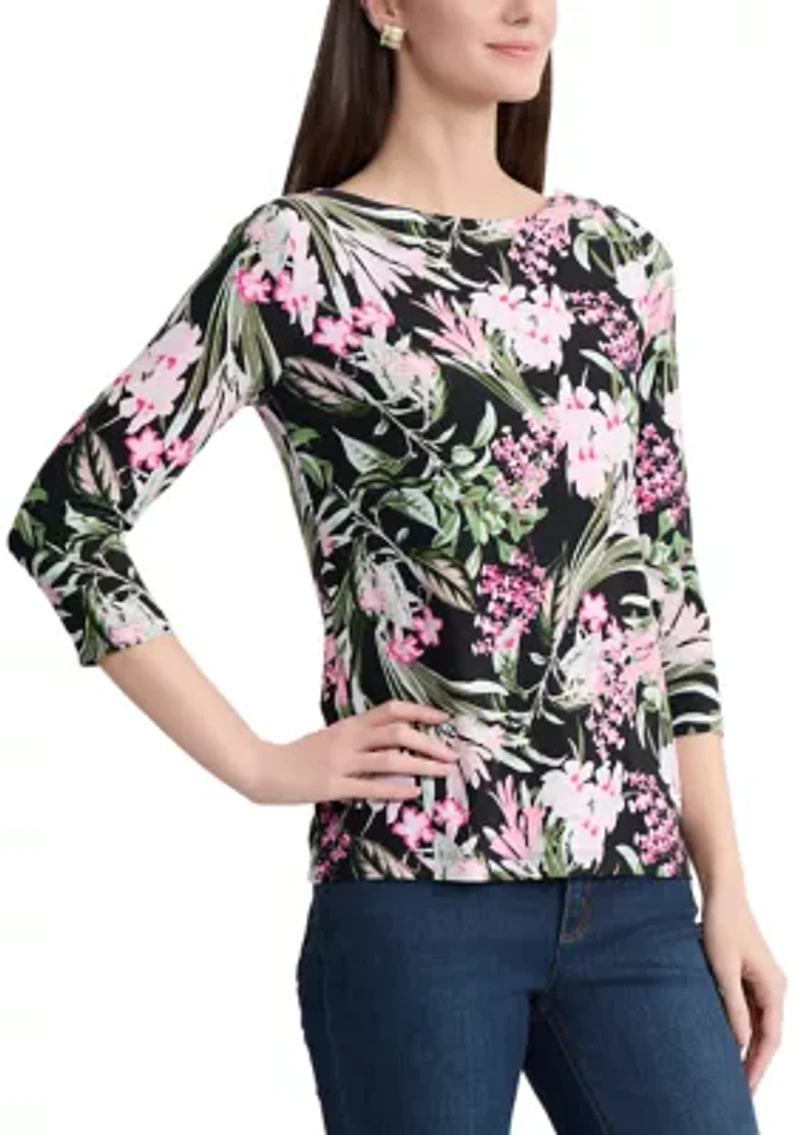 Women's 3/4 Sleeve Boat Neck Button Shoulder Top