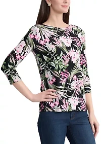 Women's 3/4 Sleeve Boat Neck Button Shoulder Top