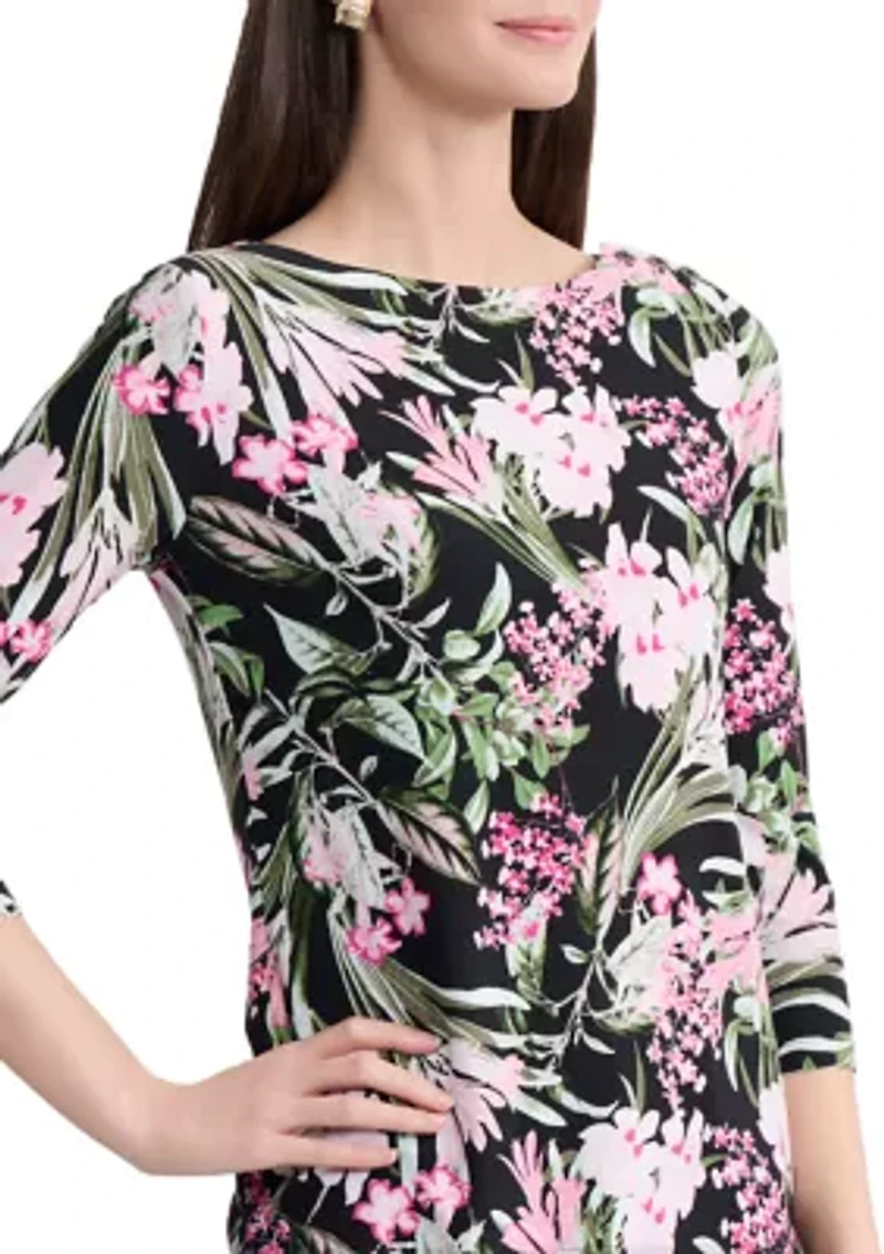 Women's 3/4 Sleeve Boat Neck Button Shoulder Top