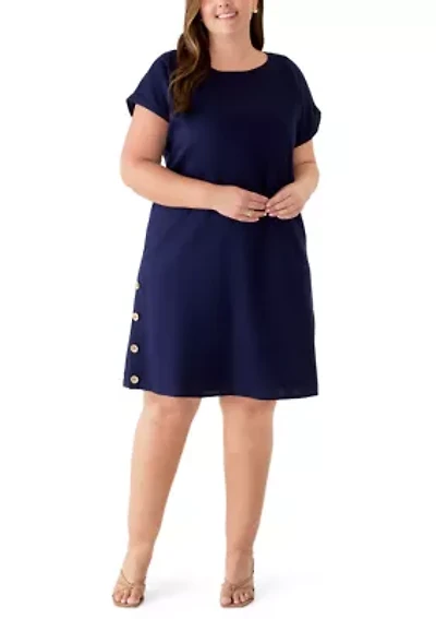 Plus Short Sleeve Linen Side Button Detail Dress