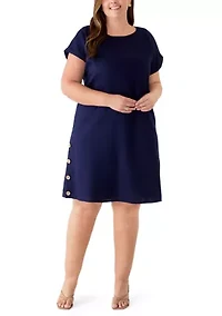 Plus Short Sleeve Linen Side Button Detail Dress