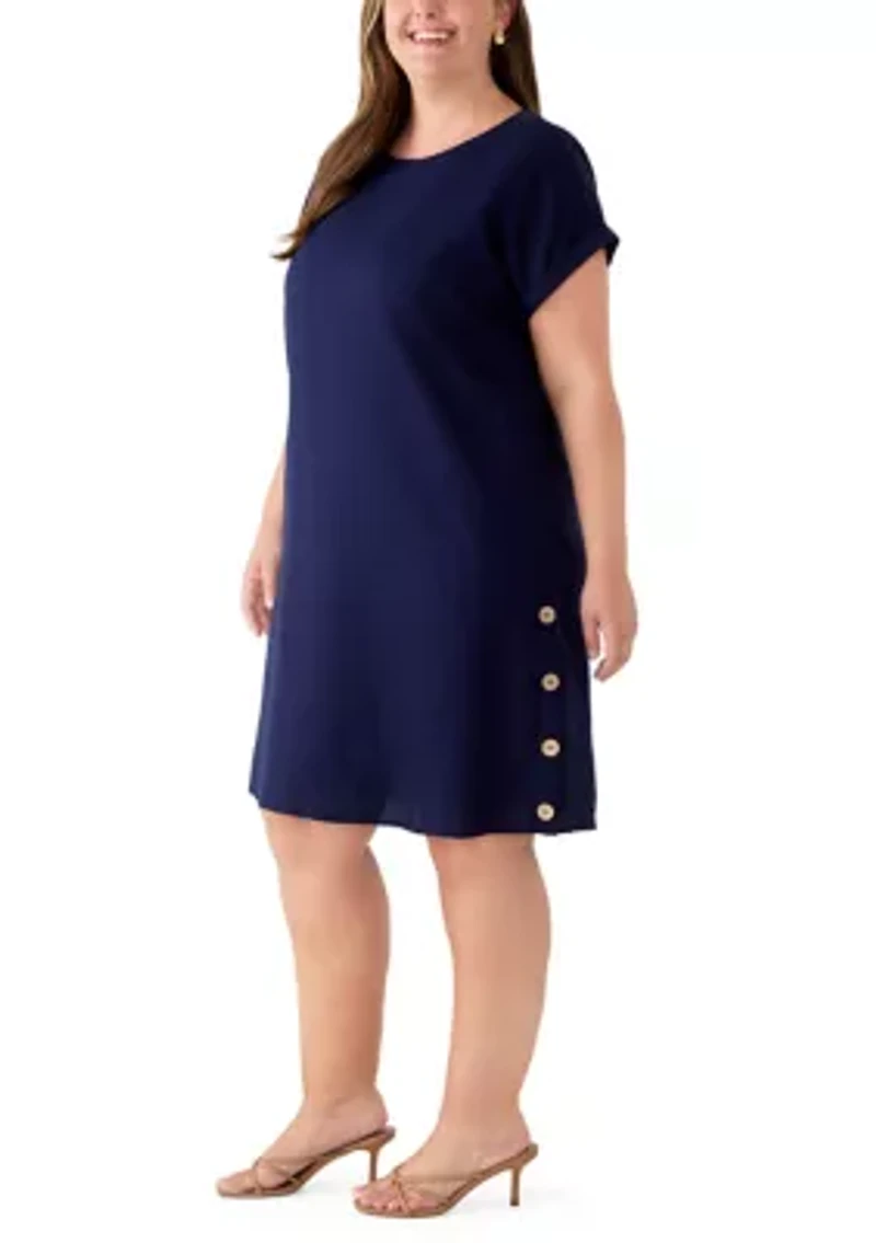 Plus Short Sleeve Linen Side Button Detail Dress