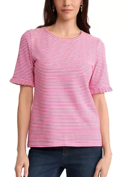 Petite Elbow Ruffle Sleeve Striped T-Shirt