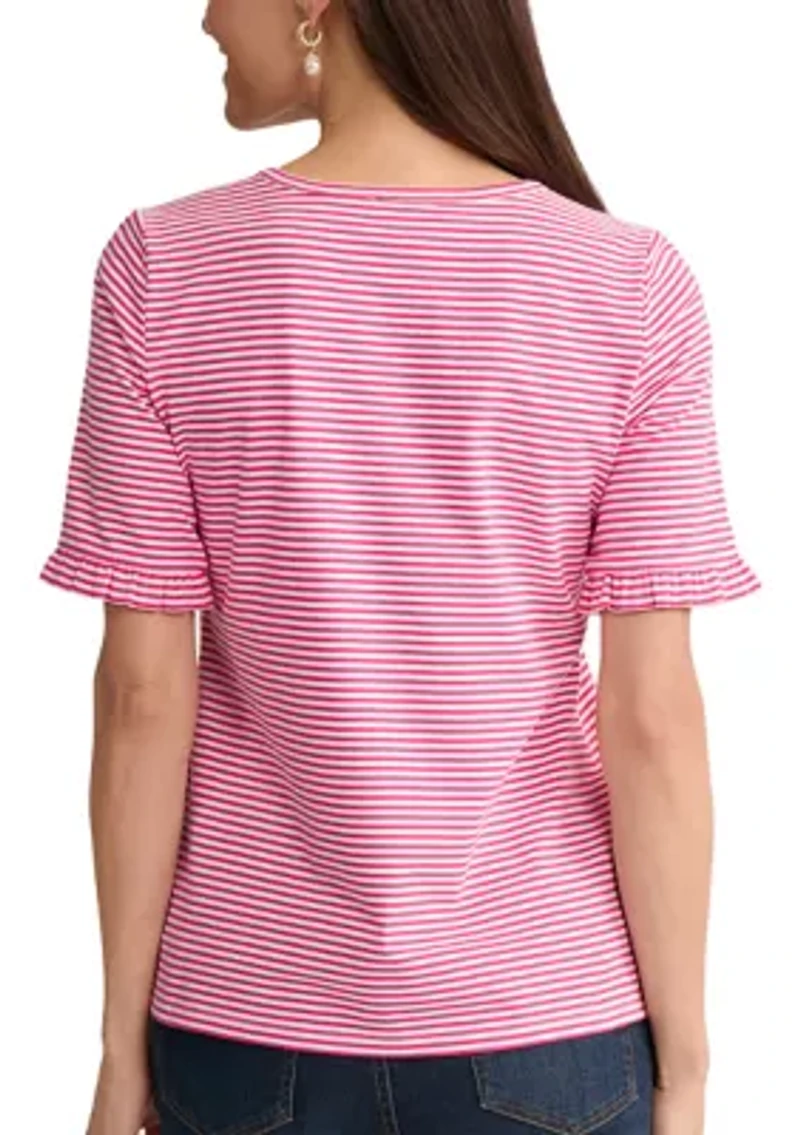 Petite Elbow Ruffle Sleeve Striped T-Shirt