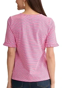 Petite Elbow Ruffle Sleeve Striped T-Shirt