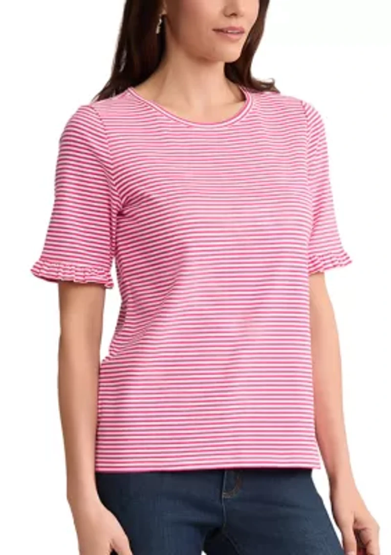 Petite Elbow Ruffle Sleeve Striped T-Shirt