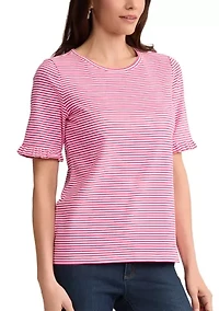 Petite Elbow Ruffle Sleeve Striped T-Shirt
