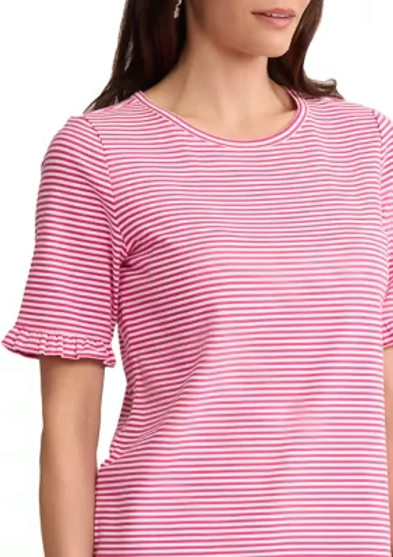 Petite Elbow Ruffle Sleeve Striped T-Shirt