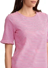 Petite Elbow Ruffle Sleeve Striped T-Shirt