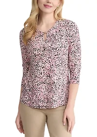 Petite 3/4 Sleeve V-Neck Print Top with Trim