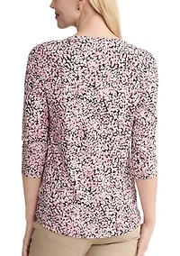 Petite 3/4 Sleeve V-Neck Print Top with Trim