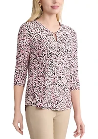 Petite 3/4 Sleeve V-Neck Print Top with Trim