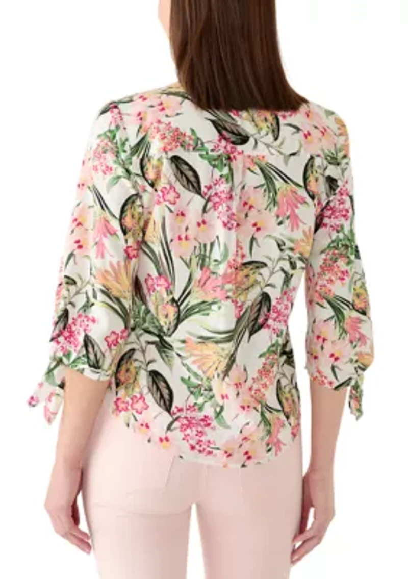 Women's 3/4 Tie Sleeve Print Top