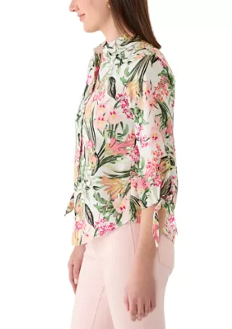 Women's 3/4 Tie Sleeve Print Top