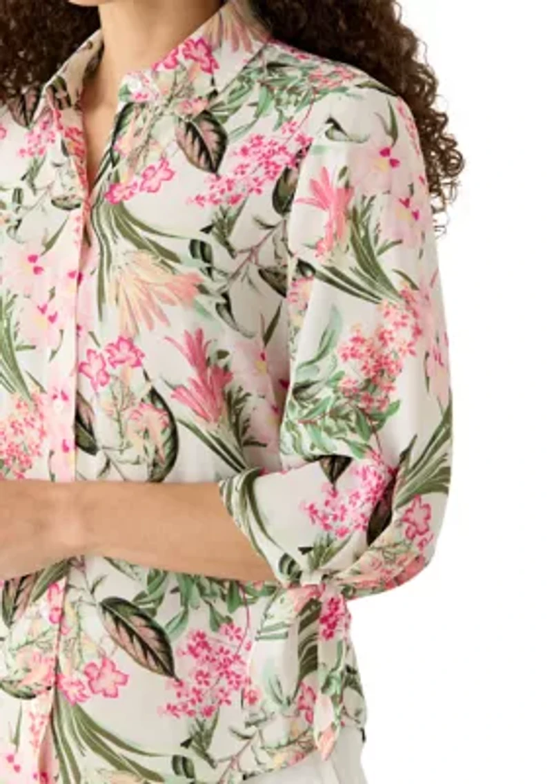 Petite Tie Sleeve Button Front Shirt