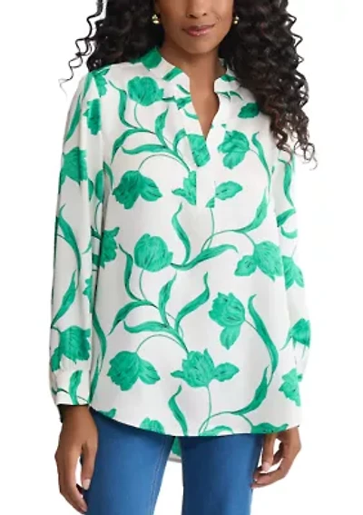 Petite Long Sleeve Half Placket Popover Print Shirt