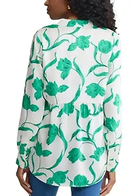 Petite Long Sleeve Half Placket Popover Print Shirt