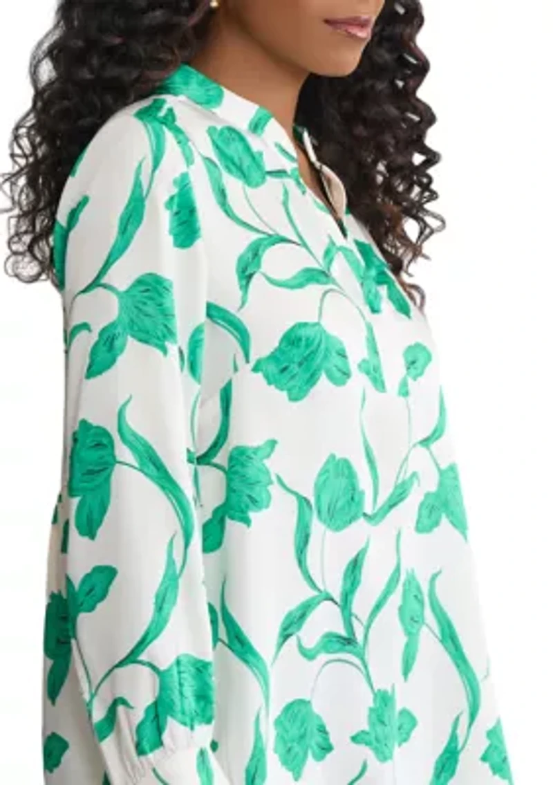 Petite Long Sleeve Half Placket Popover Print Shirt