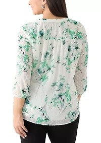 Plus Three-Quarter Sleeve V-Neck Clip Dot Tunic Top