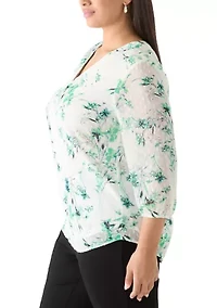 Plus Three-Quarter Sleeve V-Neck Clip Dot Tunic Top