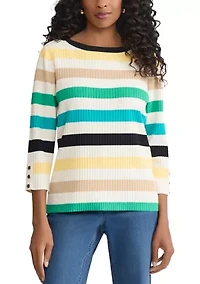 Petite 3/4 Sleeve Striped Boat Neck Sweater
