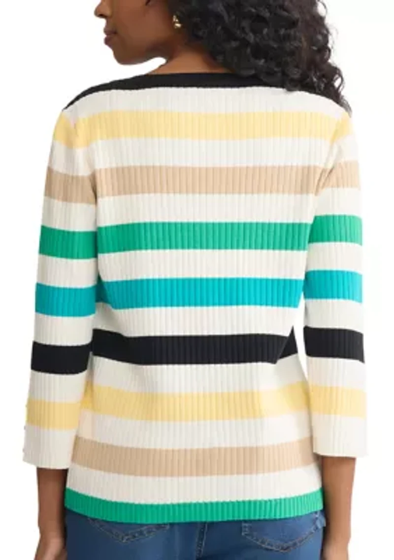 Petite 3/4 Sleeve Striped Boat Neck Sweater