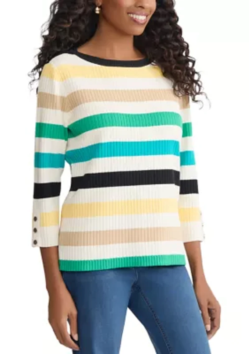 Petite 3/4 Sleeve Striped Boat Neck Sweater