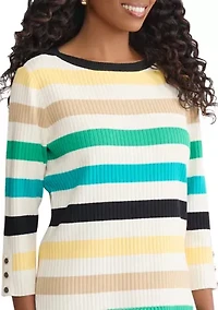 Petite 3/4 Sleeve Striped Boat Neck Sweater