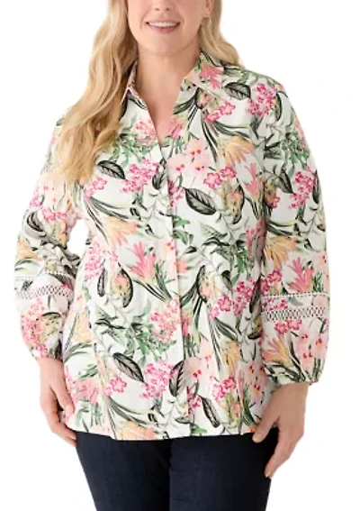 Plus Button Front Y-Neck Shirt with Trim