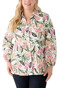 Plus Button Front Y-Neck Shirt with Trim