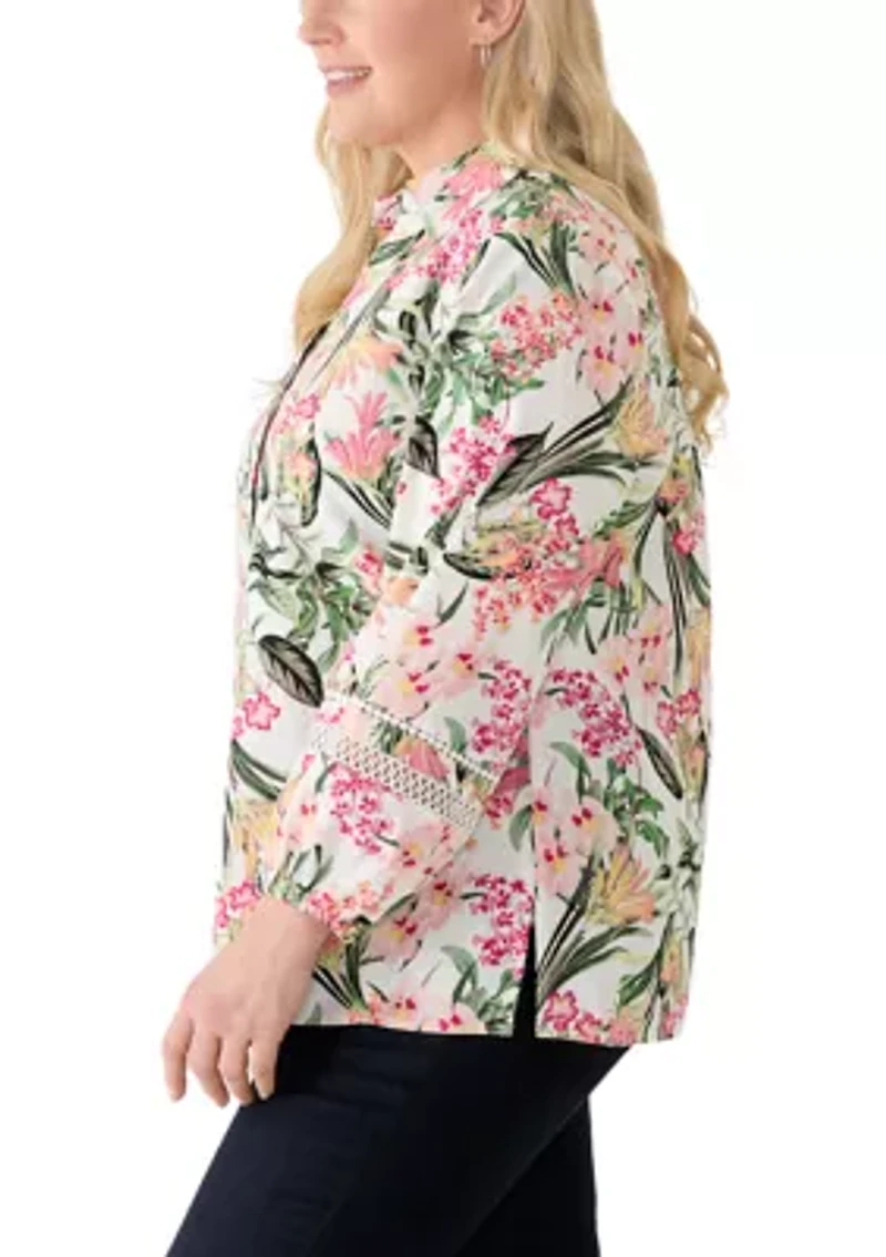 Plus Button Front Y-Neck Shirt with Trim