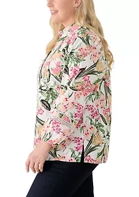 Plus Button Front Y-Neck Shirt with Trim
