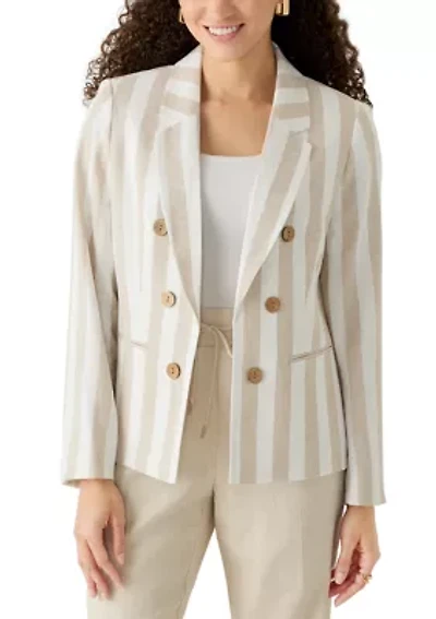 Petite Long Sleeve Faux Double Breasted Linen Striped Jacket