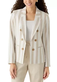 Petite Long Sleeve Faux Double Breasted Linen Striped Jacket