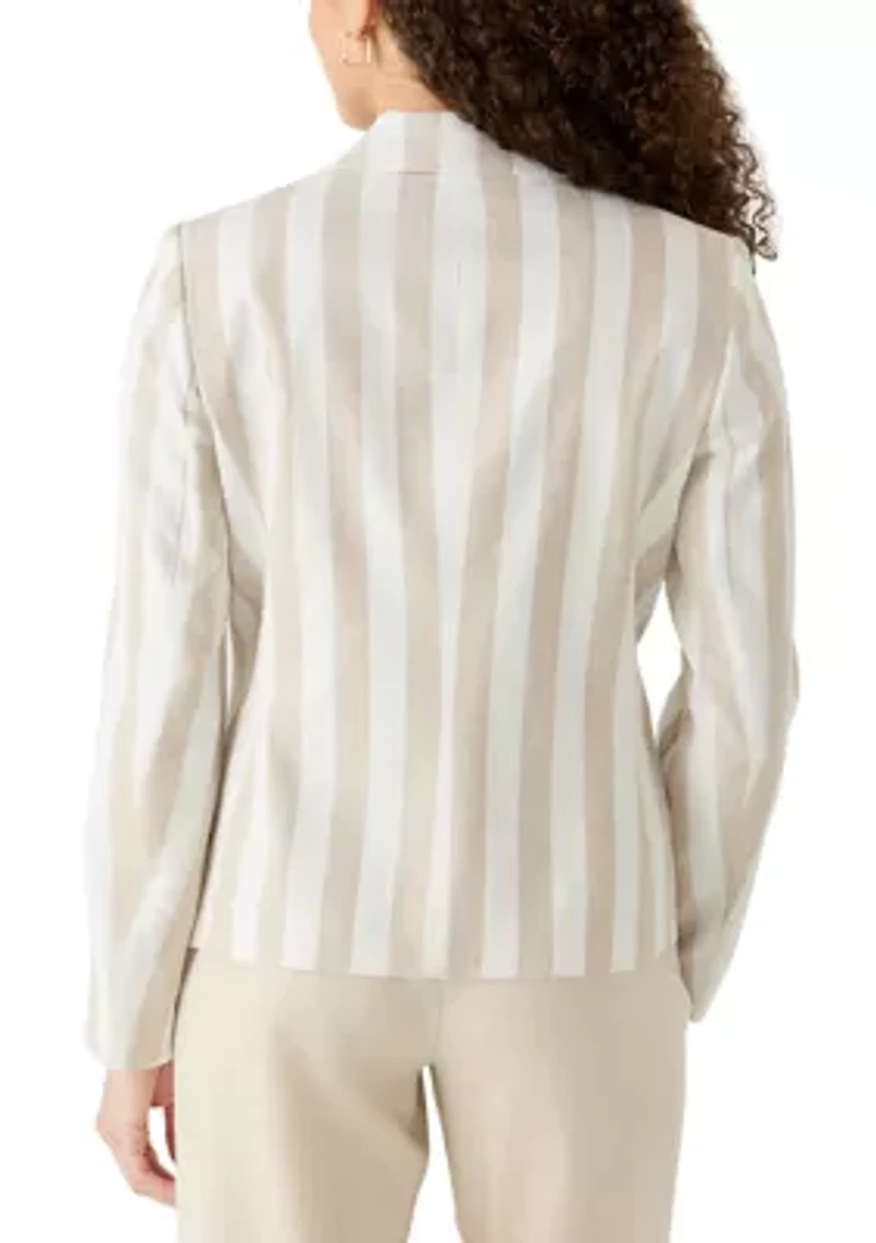 Petite Long Sleeve Faux Double Breasted Linen Striped Jacket