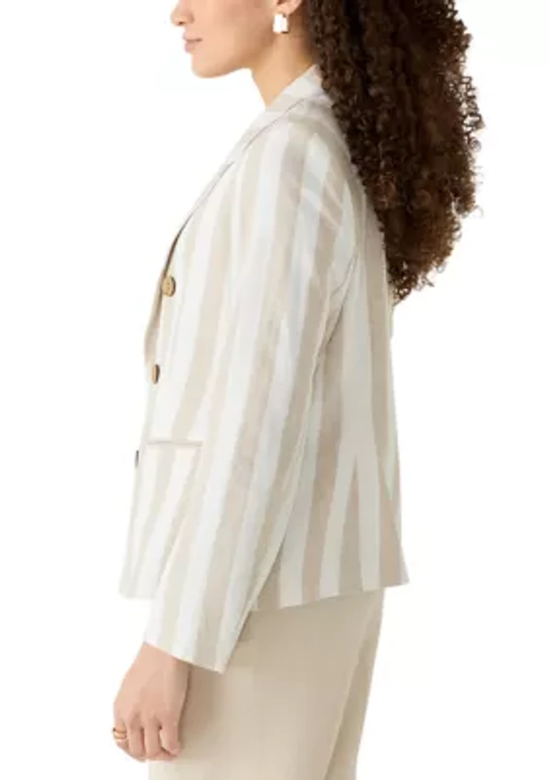 Petite Long Sleeve Faux Double Breasted Linen Striped Jacket
