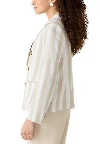 Petite Long Sleeve Faux Double Breasted Linen Striped Jacket