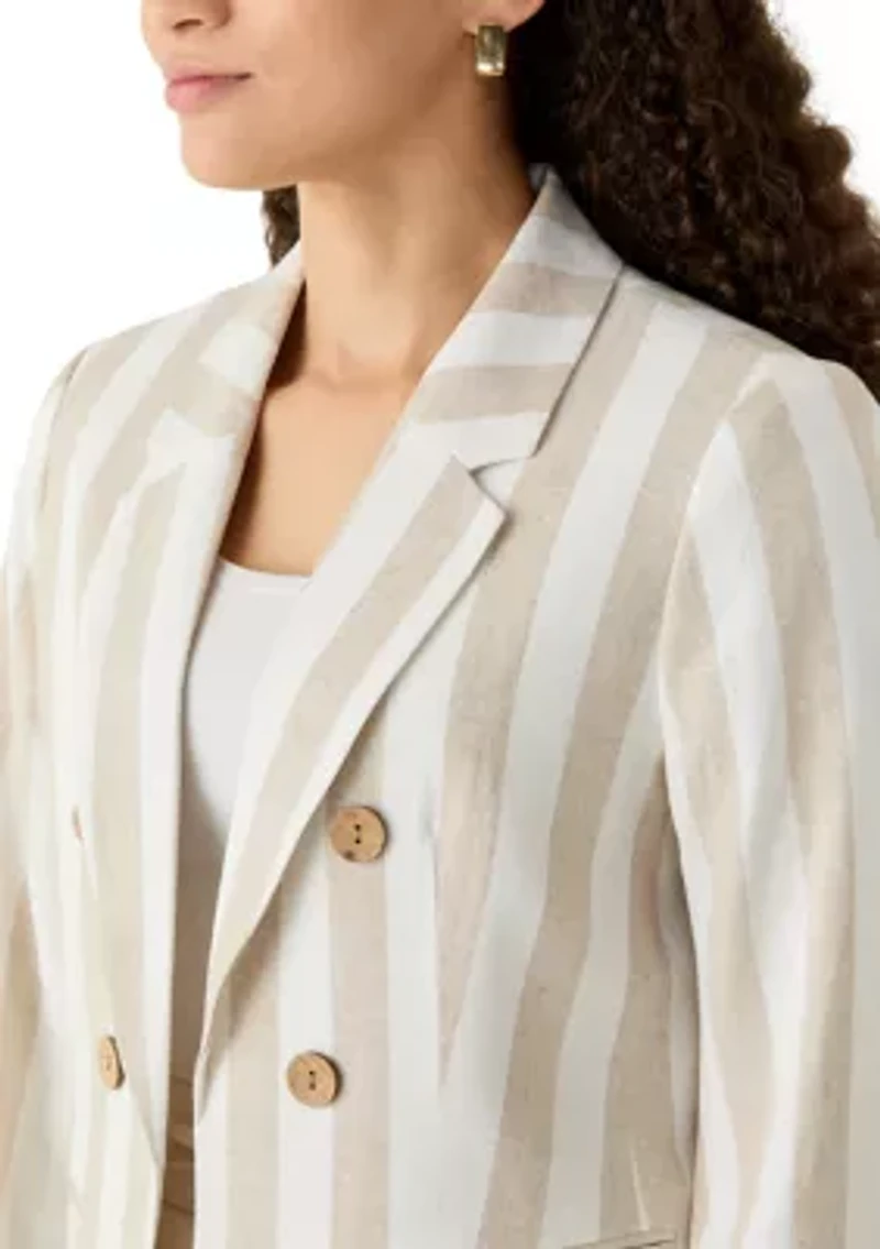 Petite Long Sleeve Faux Double Breasted Linen Striped Jacket