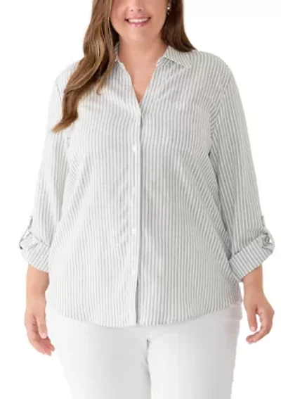 Plus Y-Neck Button Front Linen Tunic