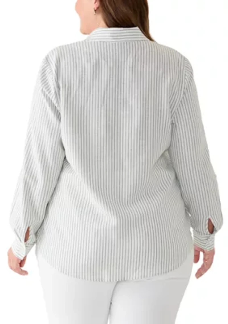 Plus Y-Neck Button Front Linen Tunic