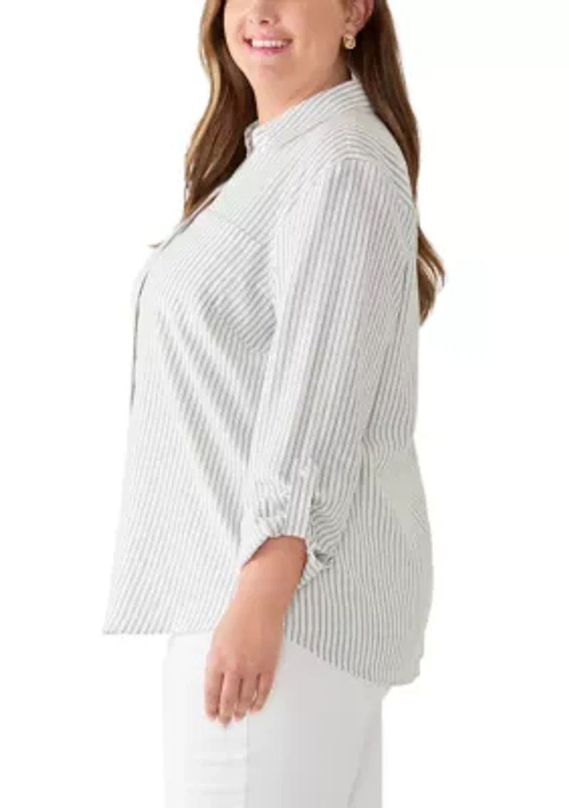 Plus Y-Neck Button Front Linen Tunic