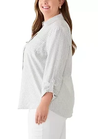 Plus Y-Neck Button Front Linen Tunic