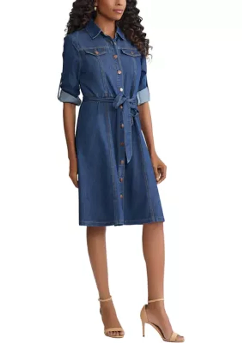 Women's Roll-Tab Sleeve Midi Shirtdress