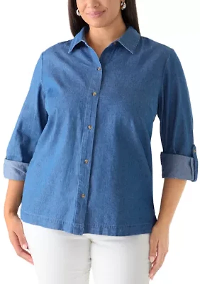 Plus Long Sleeve Chambray Button Down Top