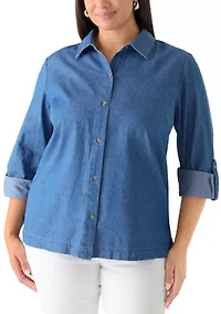 Plus Long Sleeve Chambray Button Down Top